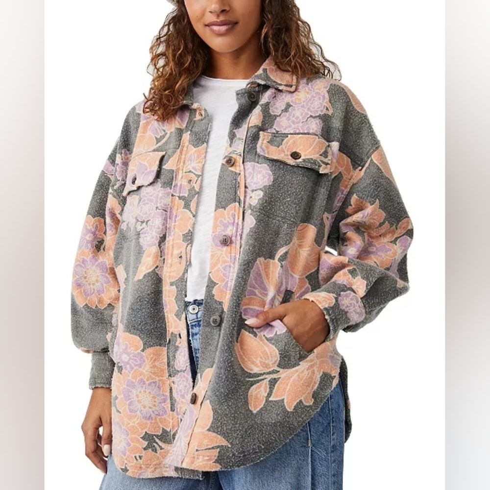 Free People Floral Utility Jacket in Gray, Peach & Lavender Oversized